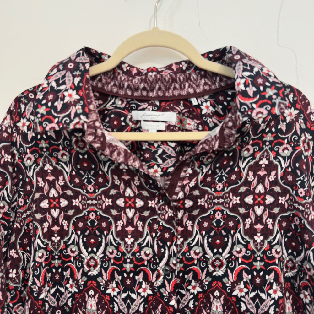 Foxcroft 18W Burgundy Navy Medallion Paisley 100% Cotton Wrinkle Free Plus Size